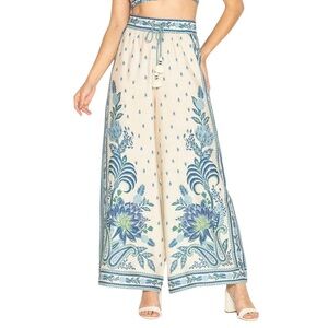 FARM Rio Festa de Arara Wide Leg Pant Cream & Blue Floral Print Linen Blend Sz M